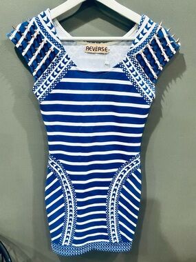 Women’s Reverse Blue White Striped Bodycon Mini Dress Punk Spikes  Sz M New